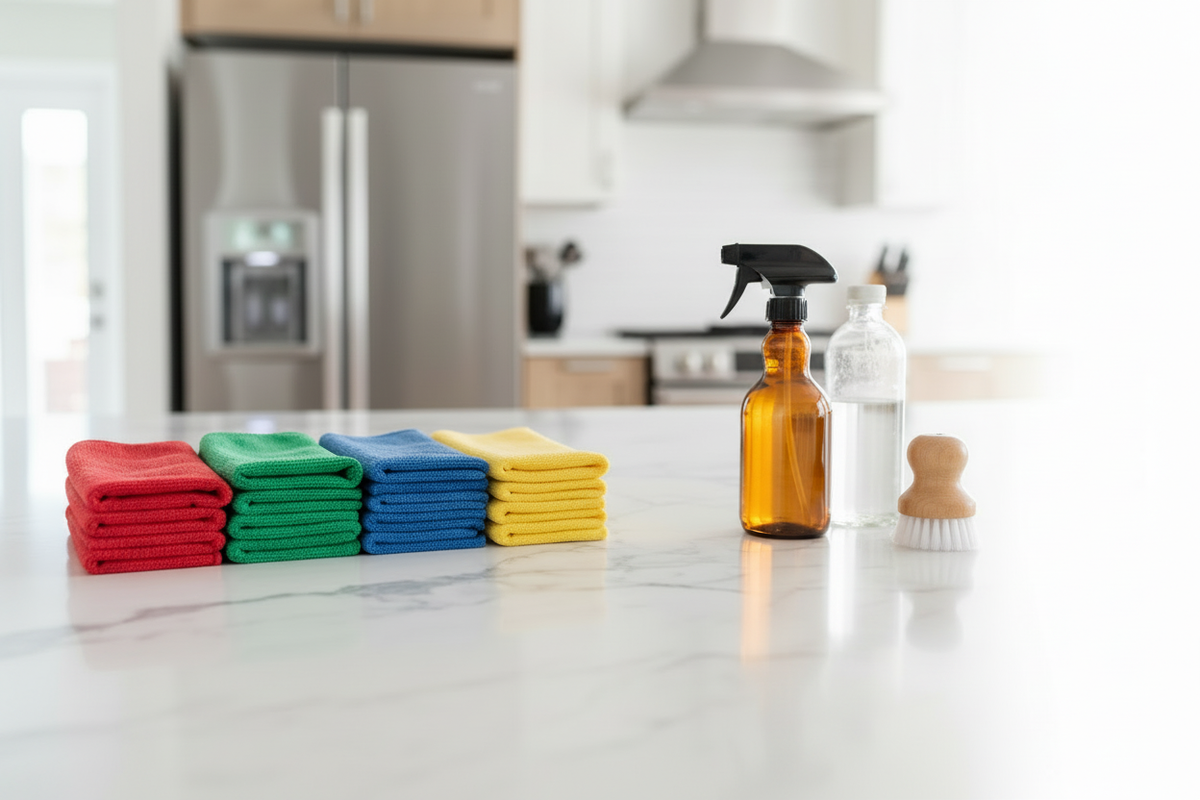 cleaning-essentials-microfibre-cloths-glass-spray-bottle-kitchen-cleanbow
