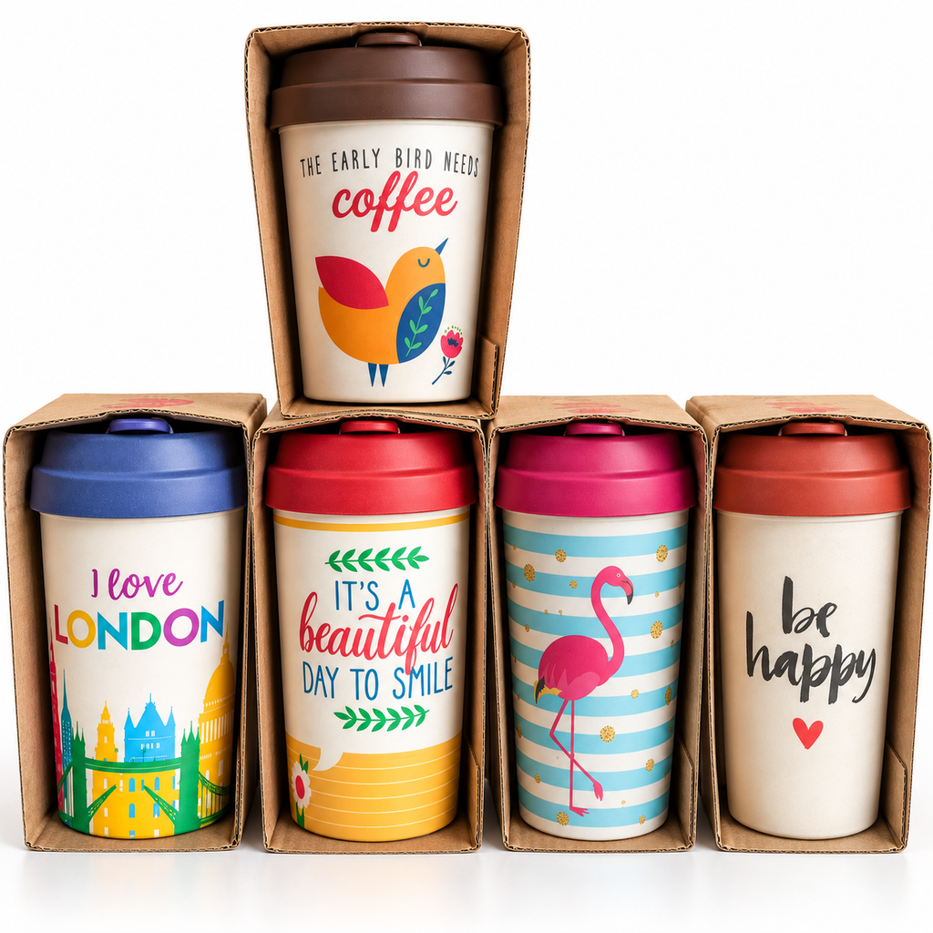 Reusable Bamboo Travel Cup with Lid, Assorted Designs